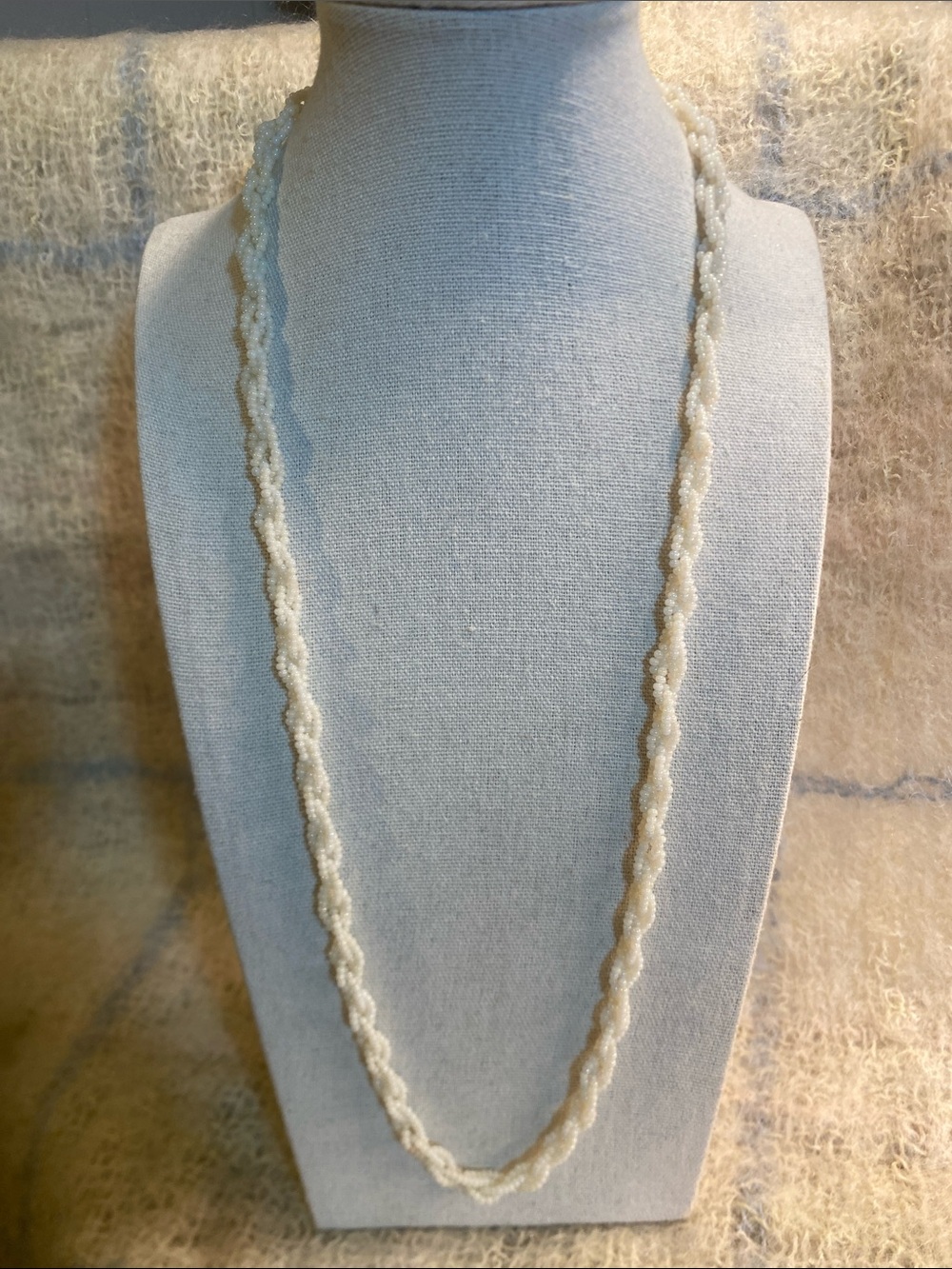 Vintage White Seed Bead Multi Strand Twisted Necklace 26” Boho
